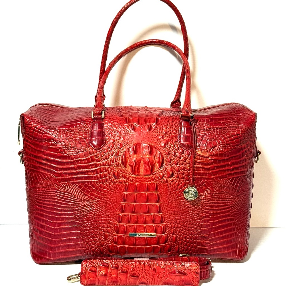 Brahmin Red Leather Travel Bag with Crocodile Texture